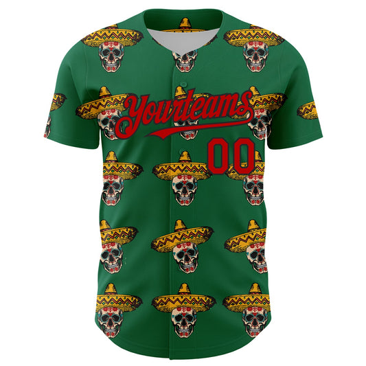 Custom Kelly Green Red-Black 3D Mexican Festival Skull With Sombrero Cinco de Mayo Authentic Baseball Jersey - Sky-Custom
