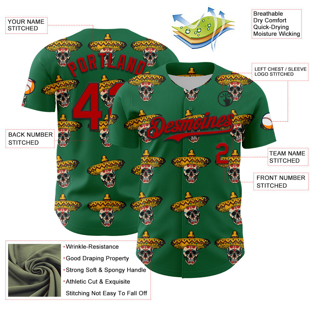 Custom Kelly Green Red-Black 3D Mexican Festival Skull With Sombrero Cinco de Mayo Authentic Baseball Jersey - Sky-Custom