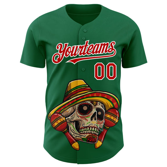 Custom Kelly Green Red-White 3D Mexican Festival Skull With Sombrero Cinco de Mayo Authentic Baseball Jersey - Sky-Custom