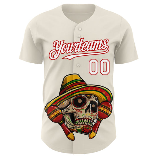 Custom Cream White-Red 3D Mexican Festival Skull With Sombrero Cinco de Mayo Authentic Baseball Jersey - Sky-Custom