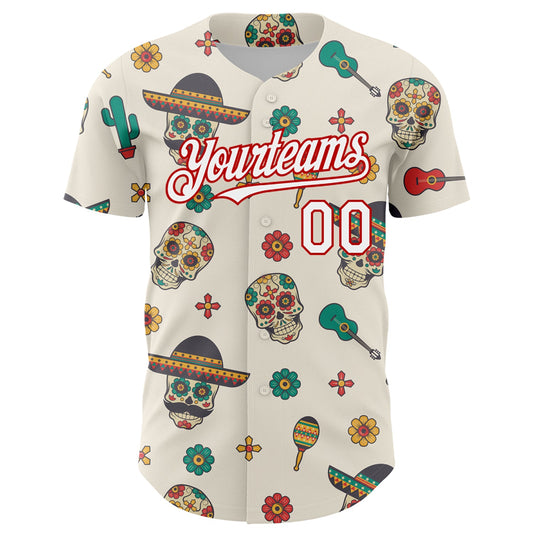 Custom Cream White-Red 3D Mexican Festival Cactus Skull With Sombrero Cinco de Mayo Authentic Baseball Jersey - Sky-Custom