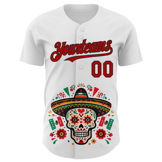 Custom White Red-Black 3D Mexican Festival Flag Skull With Sombrero Cinco de Mayo Authentic Baseball Jersey - Sky-Custom