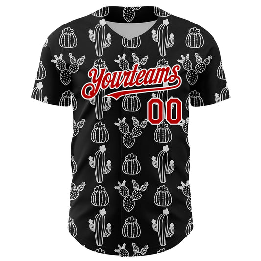 Custom Black Red-White 3D Mexican Cactus Authentic Baseball Jersey - Sky-Custom