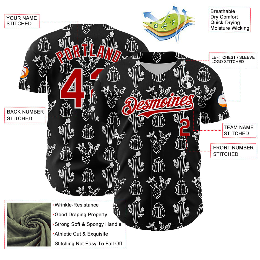 Custom Black Red-White 3D Mexican Cactus Authentic Baseball Jersey - Sky-Custom
