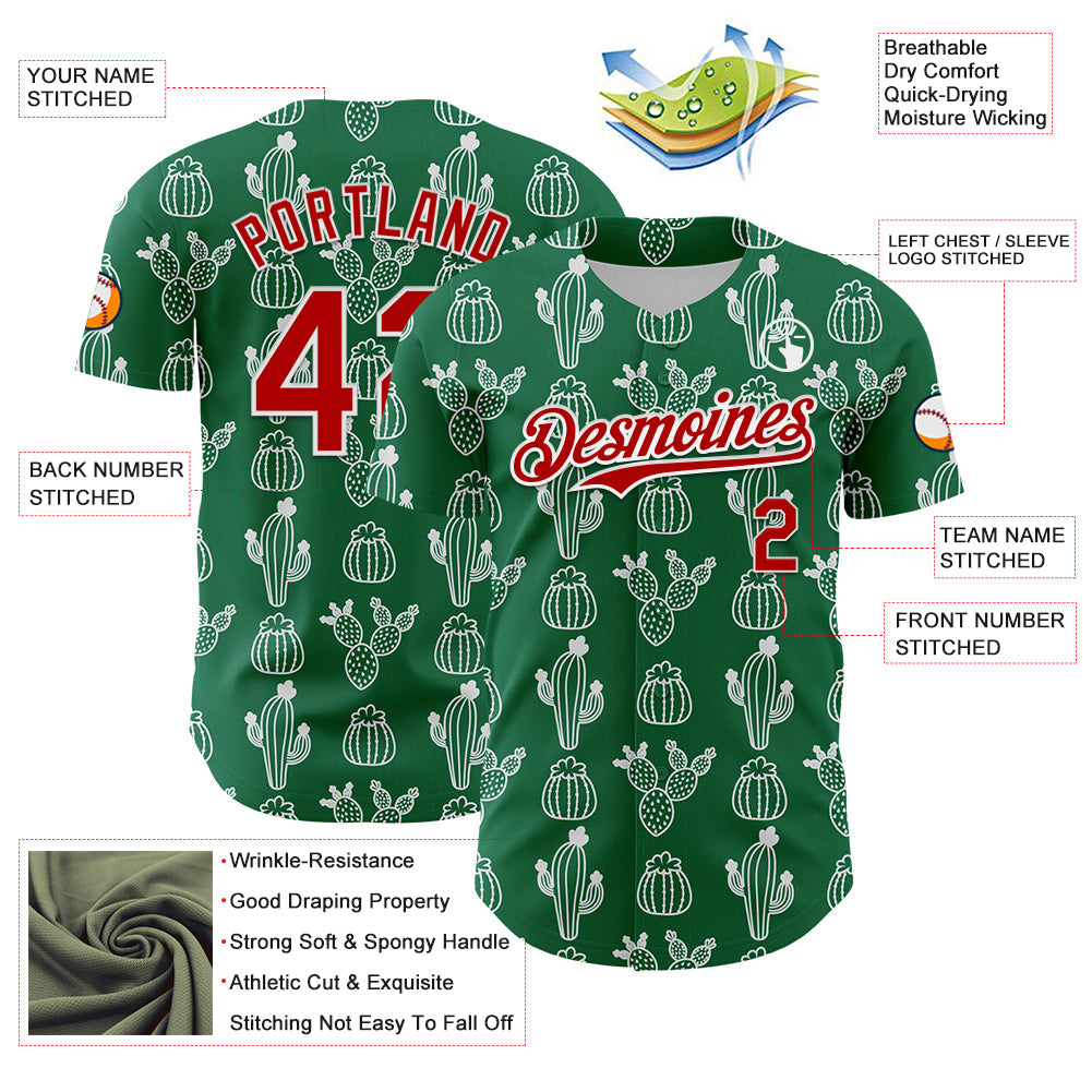 Custom Kelly Green Red-White 3D Mexican Cactus Authentic Baseball Jersey - Sky-Custom