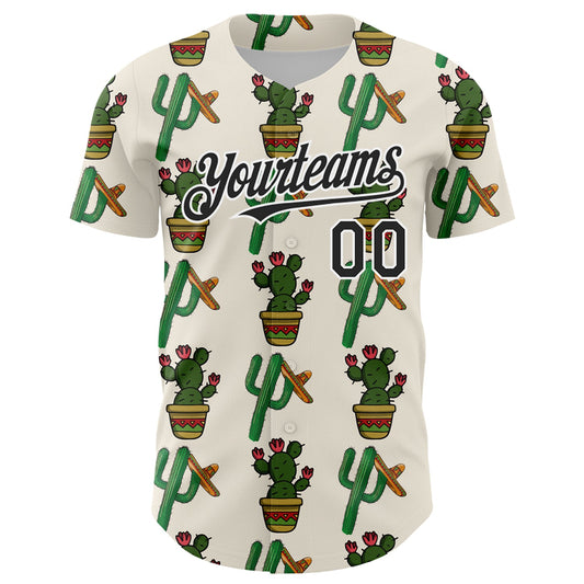 Custom Cream Black-White 3D Mexican Cactus Authentic Baseball Jersey - Sky-Custom