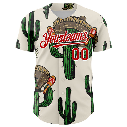 Custom Cream Red-White 3D Mexican Cactus Authentic Baseball Jersey - Sky-Custom