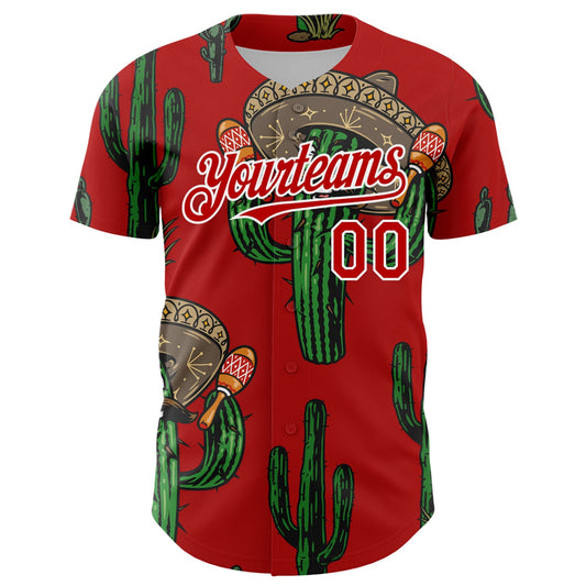 Custom Red White 3D Mexican Cactus Authentic Baseball Jersey - Sky-Custom