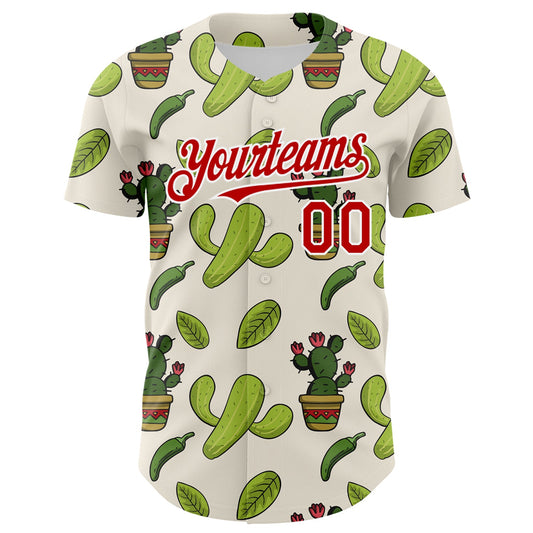 Custom Cream Red-White 3D Mexican Cactus Authentic Baseball Jersey - Sky-Custom