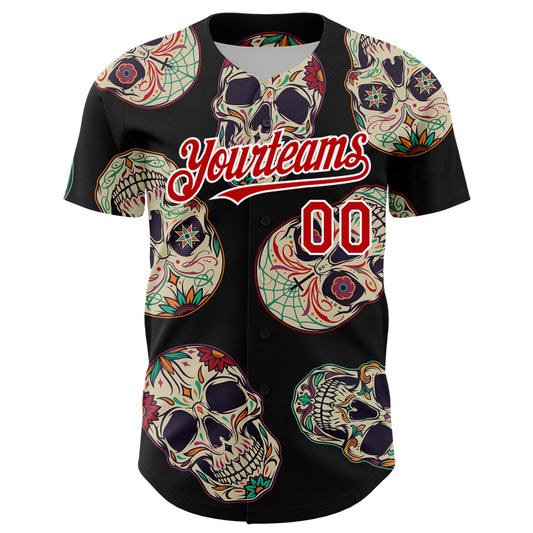 Custom Black Red-White 3D Mexican Skull Authentic Baseball Jersey - Sky-Custom