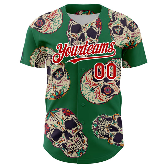 Custom Kelly Green Red-White 3D Mexican Skull Authentic Baseball Jersey - Sky-Custom
