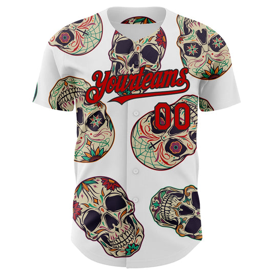 Custom White Red-Black 3D Mexican Skull Authentic Baseball Jersey - Sky-Custom