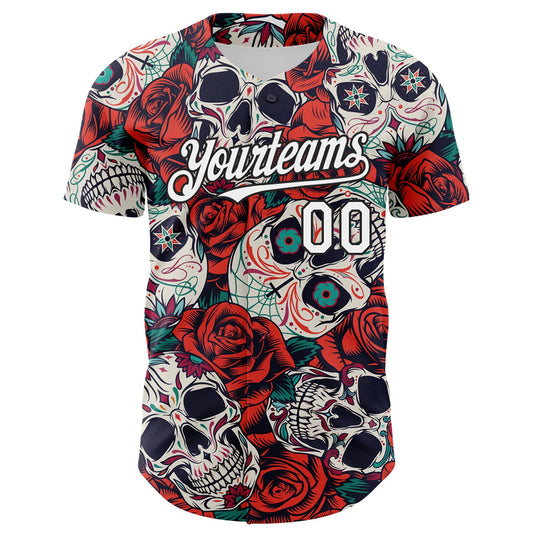 Custom White Black 3D Mexican Skull And Flower Authentic Baseball Jersey - Sky-Custom