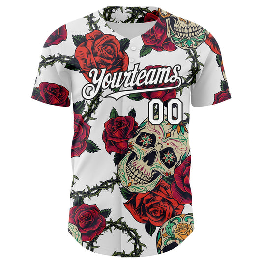 Custom White Black 3D Mexican Skull And Flower Authentic Baseball Jersey - Sky-Custom