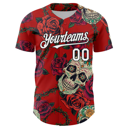 Custom Red White-Black 3D Mexican Skull And Flower Authentic Baseball Jersey - Sky-Custom