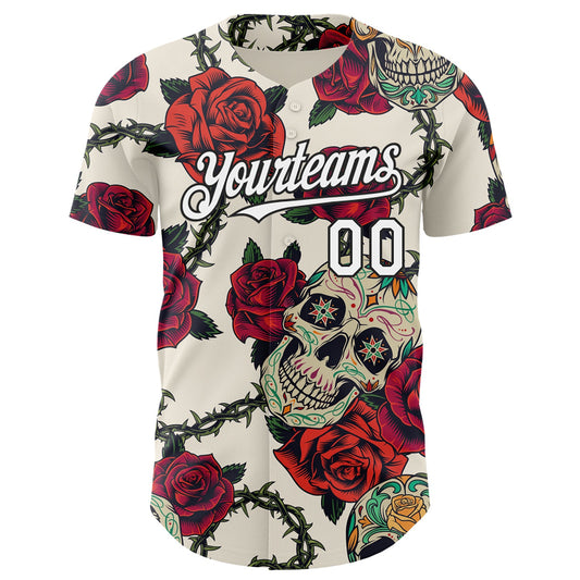 Custom Cream White-Black 3D Mexican Skull And Flower Authentic Baseball Jersey - Sky-Custom