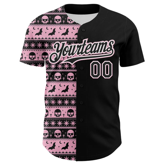 Custom Black Light Pink-White 3D Gothic Skull Authentic Baseball Jersey - Sky-Custom