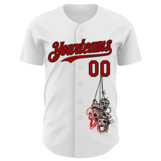 Custom White Red-Black 3D Skull Authentic Baseball Jersey - Sky-Custom