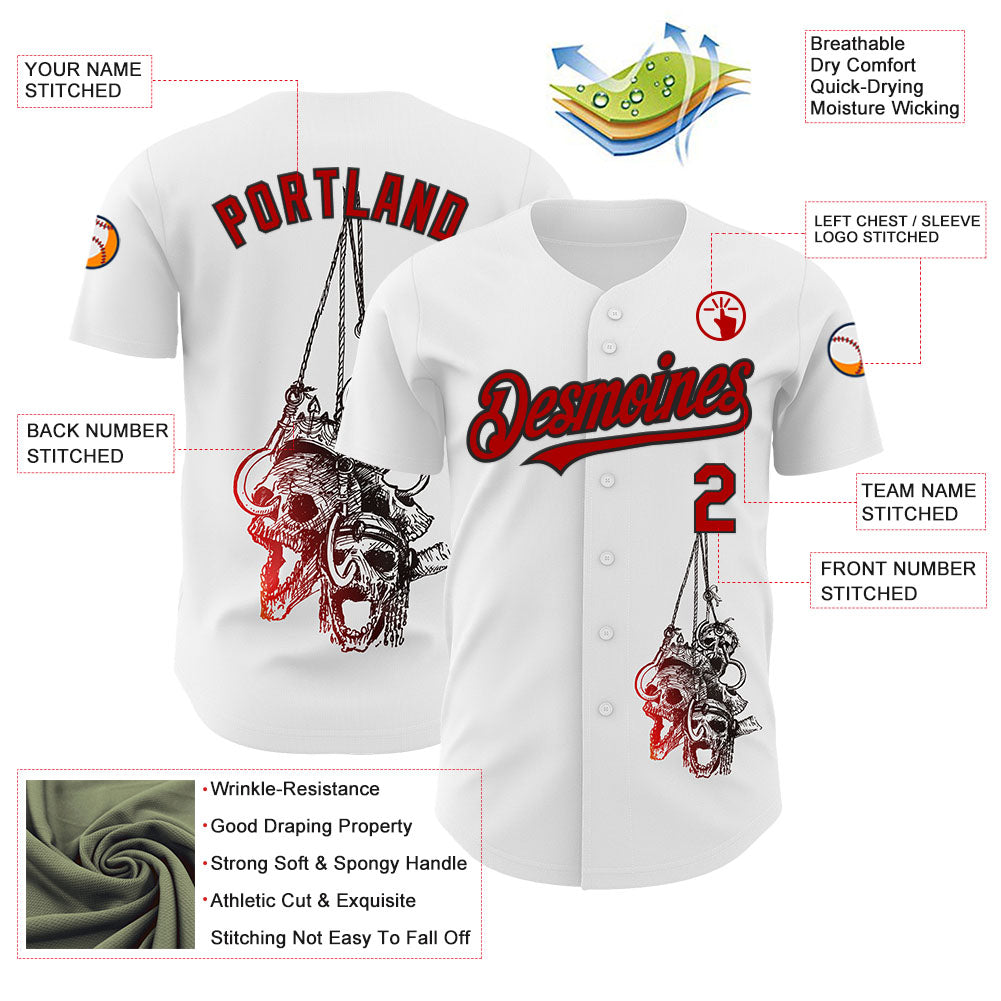 Custom White Red-Black 3D Skull Authentic Baseball Jersey - Sky-Custom