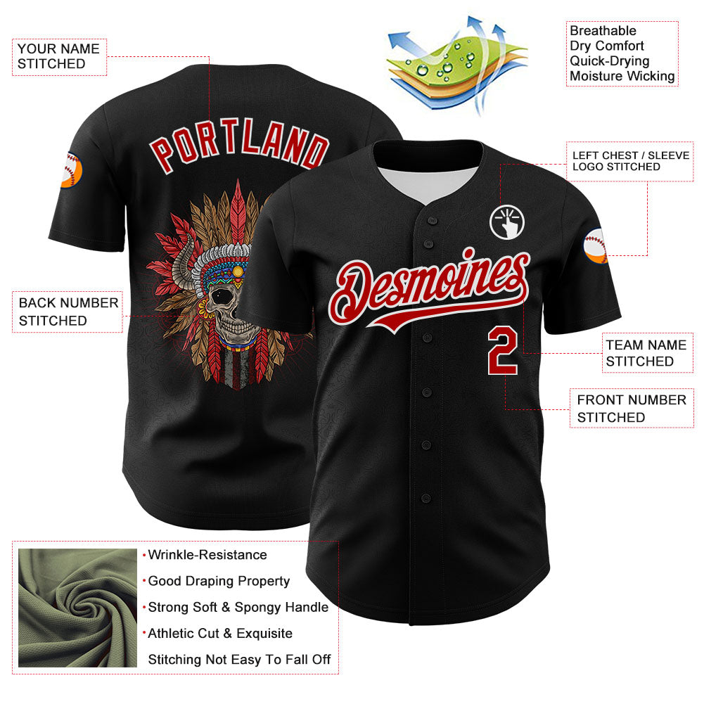 Custom Black Red-White 3D Apache Skull Authentic Baseball Jersey - Sky-Custom