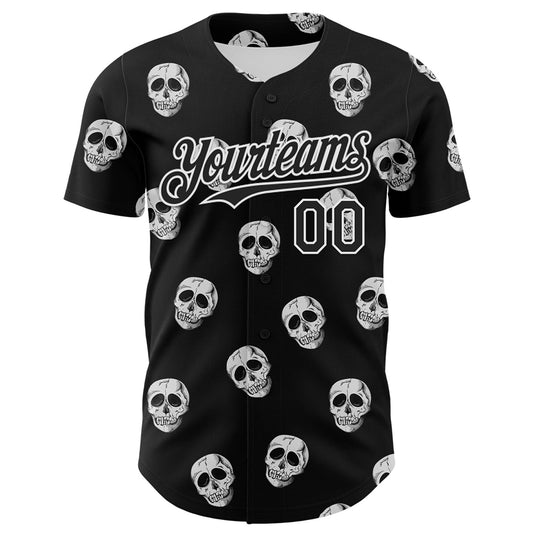 Custom Black White 3D Skull Authentic Baseball Jersey - Sky-Custom