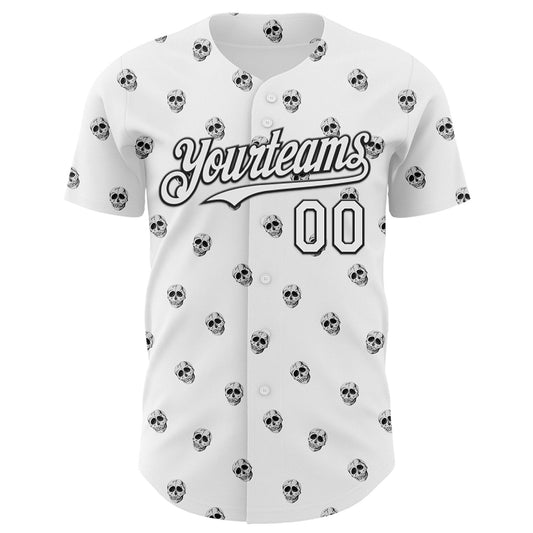 Custom White Black 3D Skull Authentic Baseball Jersey - Sky-Custom