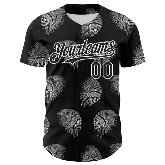 Custom Black White 3D Apache Skull Authentic Baseball Jersey - Sky-Custom