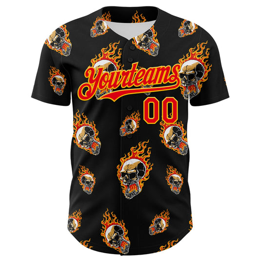 Custom Black Fire Red-Gold 3D Flame? Skull Authentic Baseball Jersey - Sky-Custom