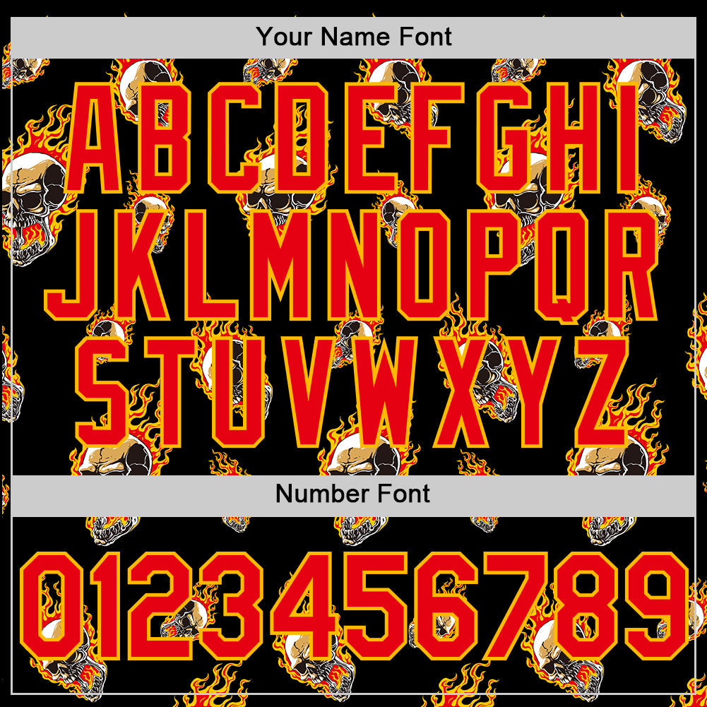 Custom Black Fire Red-Gold 3D Flame? Skull Authentic Baseball Jersey - Sky-Custom