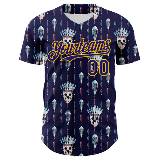 Custom Blue Dark Purple-Gold 3D Apache Skull Authentic Baseball Jersey - Sky-Custom