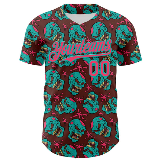 Custom Brown Neon Pink-Aqua 3D Zombie Skull Authentic Baseball Jersey - Sky-Custom