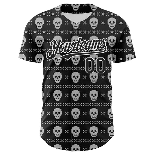 Custom Black White 3D Gothic Skull Authentic Baseball Jersey - Sky-Custom