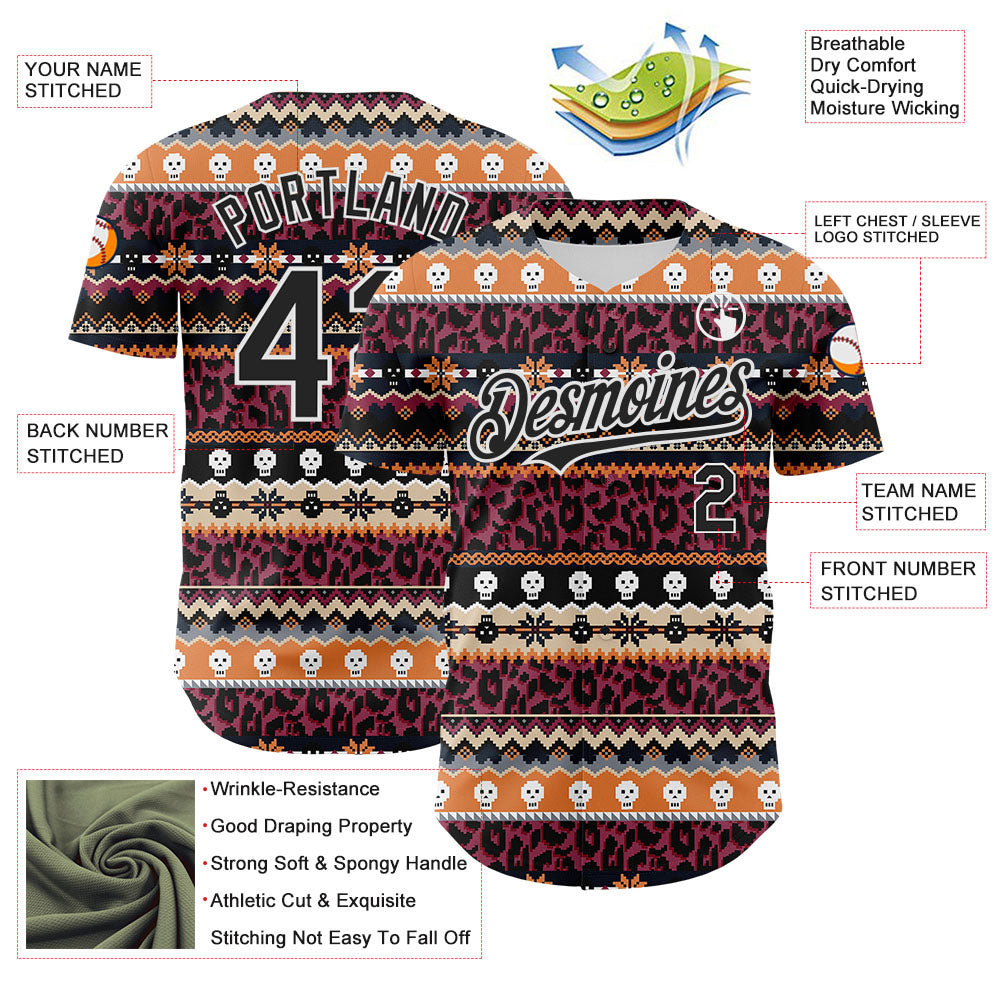 Custom Black White 3D Skull And Leopard Print Authentic Baseball Jersey - Sky-Custom