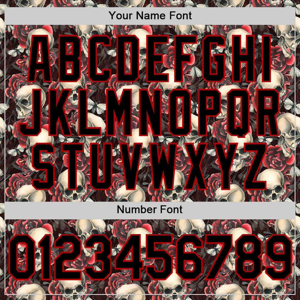 Custom Black Red 3D Skeleton And Flower Authentic Baseball Jersey - Sky-Custom