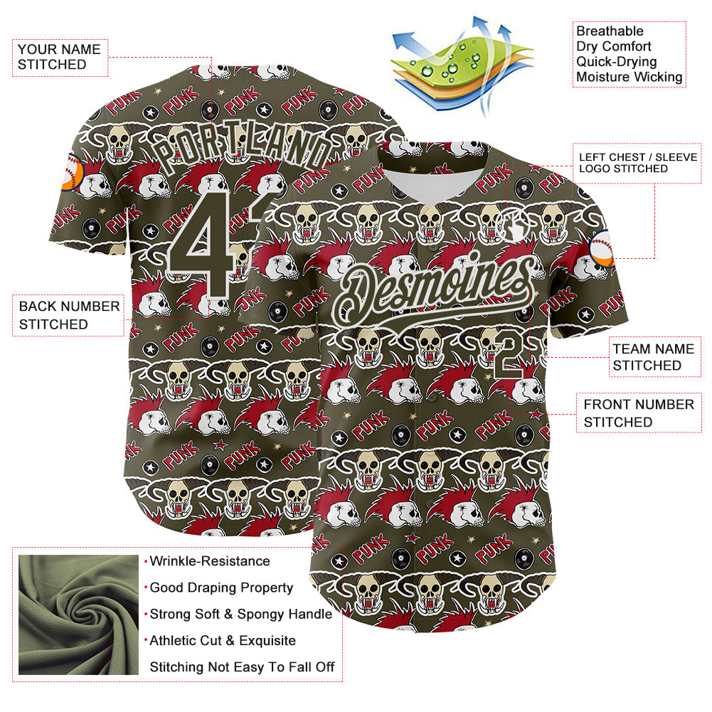 Custom Olive White 3D Punk Rock Skull Authentic Baseball Jersey - Sky-Custom
