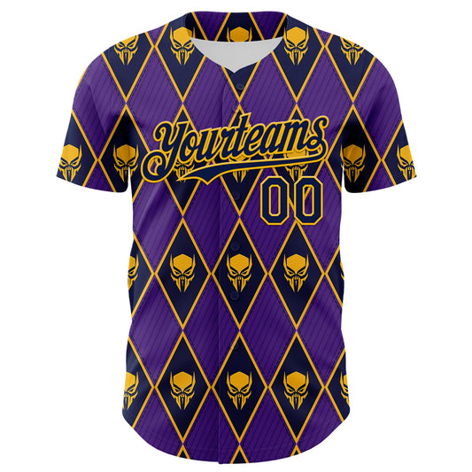 Custom Purple Navy-Gold 3D Skull Authentic Baseball Jersey - Sky-Custom