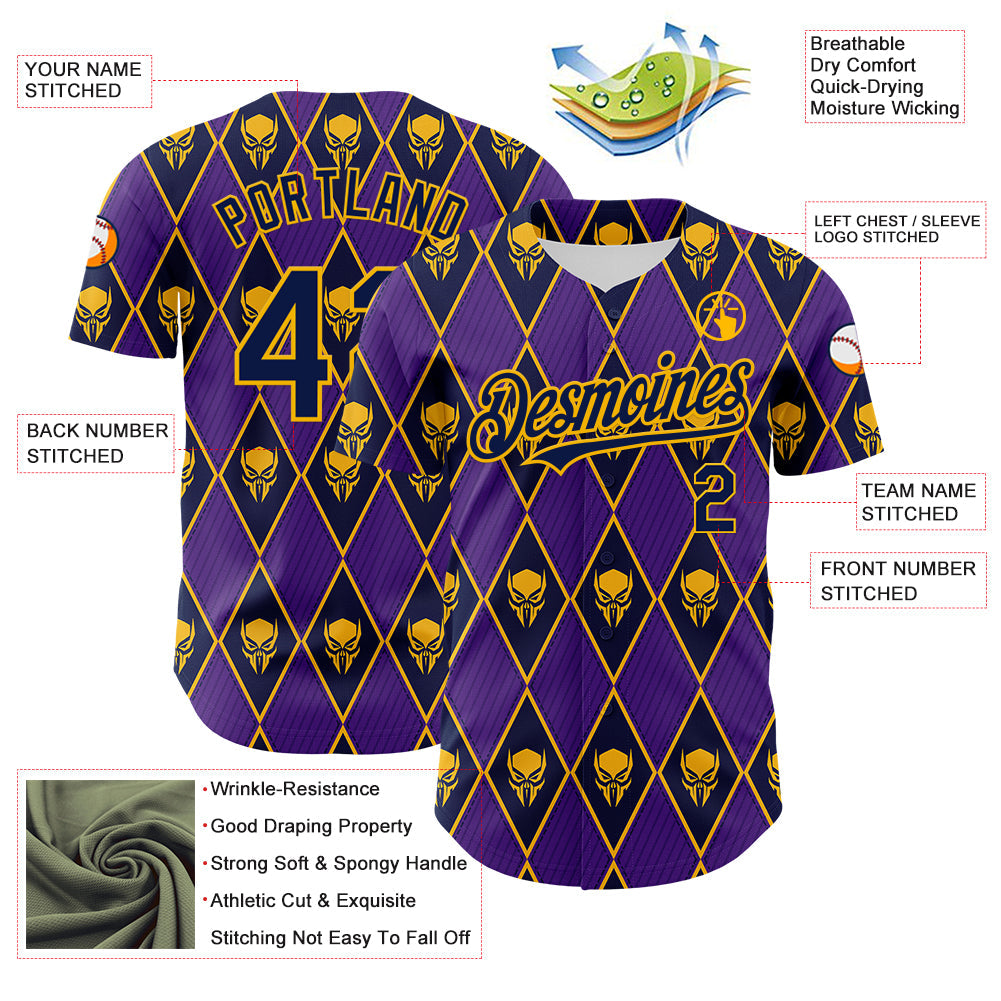 Custom Purple Navy-Gold 3D Skull Authentic Baseball Jersey - Sky-Custom