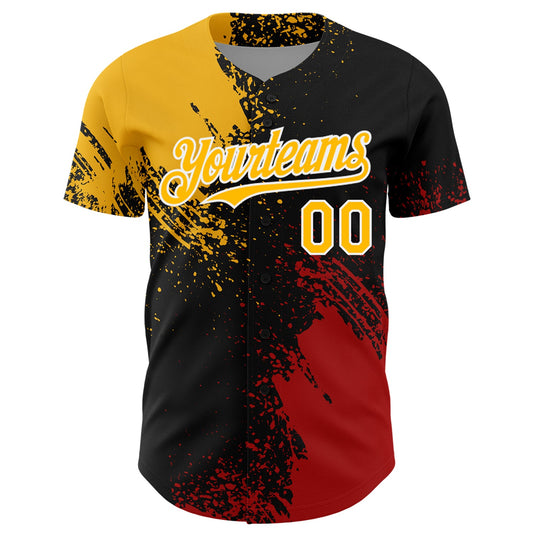 Custom Gold Black-Red 3D Pattern Design Abstract Brush Stroke Authentic Baseball Jersey - Sky-Custom