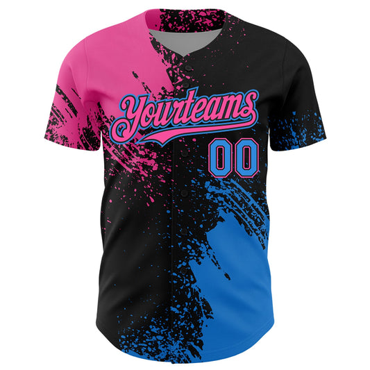 Custom Pink Electric Blue-Black 3D Pattern Design Abstract Brush Stroke Authentic Baseball Jersey - Sky-Custom