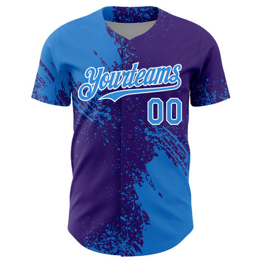 Custom Electric Blue Purple-White 3D Pattern Design Abstract Brush Stroke Authentic Baseball Jersey - Sky-Custom
