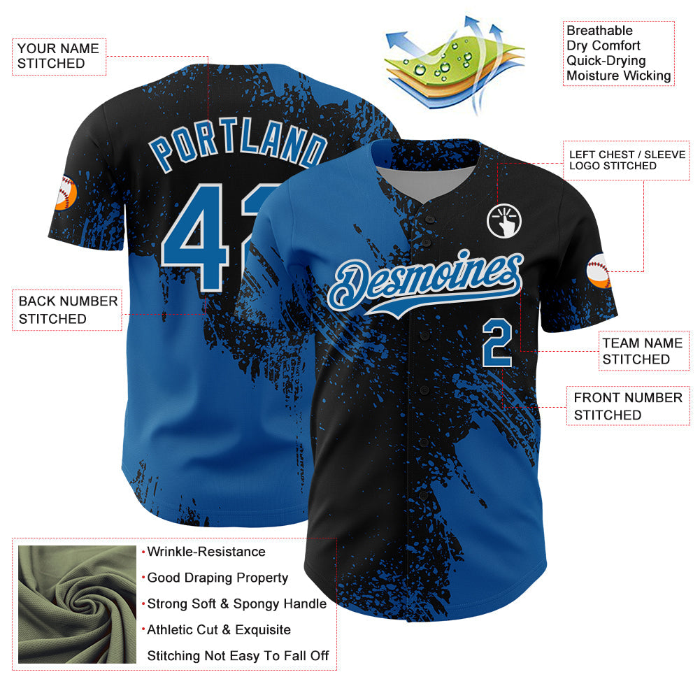 Custom Blue Black-White 3D Pattern Design Abstract Brush Stroke Authentic Baseball Jersey - Sky-Custom