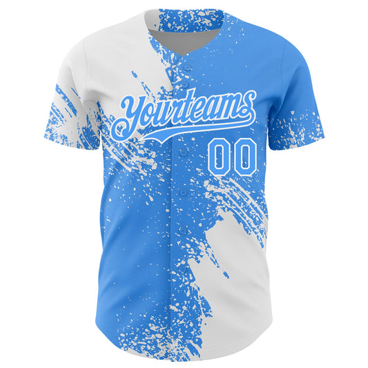 Custom White Electric Blue 3D Pattern Design Abstract Brush Stroke Authentic Baseball Jersey - Sky-Custom