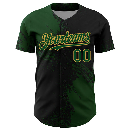 Custom Green Black-Old Gold 3D Pattern Design Abstract Brush Stroke Authentic Baseball Jersey - Sky-Custom