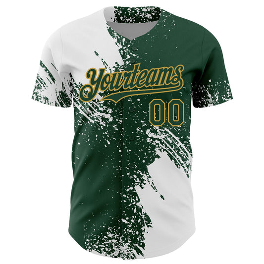 Custom White Green-Old Gold 3D Pattern Design Abstract Brush Stroke Authentic Baseball Jersey - Sky-Custom