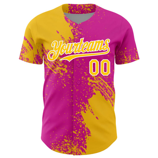 Custom Yellow Deep Pink-White 3D Pattern Design Abstract Brush Stroke Authentic Baseball Jersey - Sky-Custom