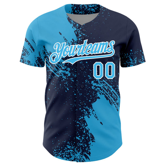 Custom Sky Blue Navy-White 3D Pattern Design Abstract Brush Stroke Authentic Baseball Jersey - Sky-Custom