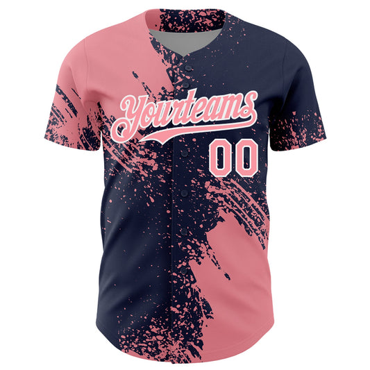 Custom Medium Pink Navy-White 3D Pattern Design Abstract Brush Stroke Authentic Baseball Jersey - Sky-Custom