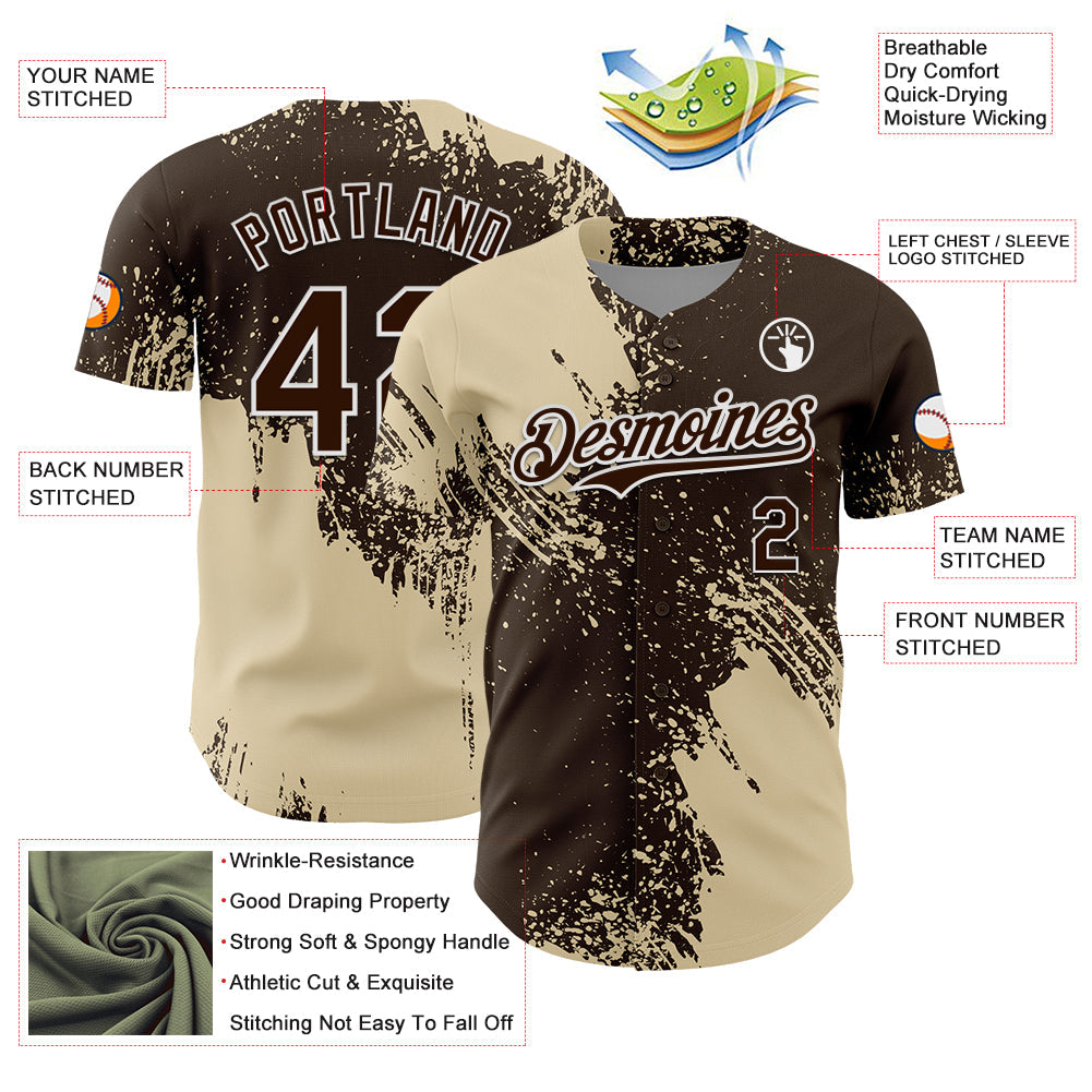 Custom Cream Brown-White 3D Pattern Design Abstract Brush Stroke Authentic Baseball Jersey - Sky-Custom