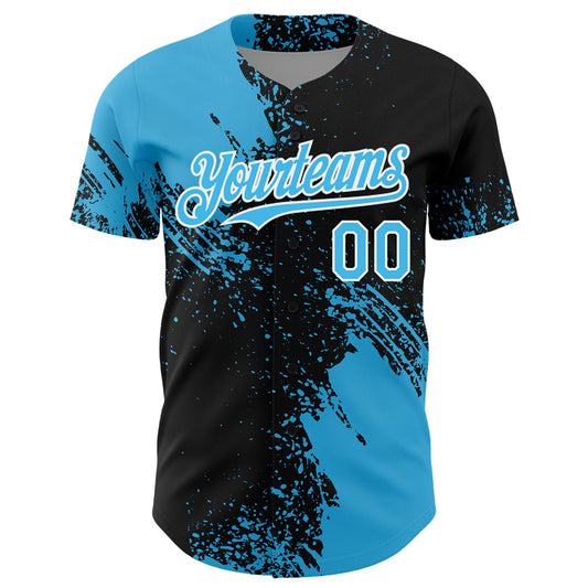 Custom Sky Blue Black-White 3D Pattern Design Abstract Brush Stroke Authentic Baseball Jersey - Sky-Custom