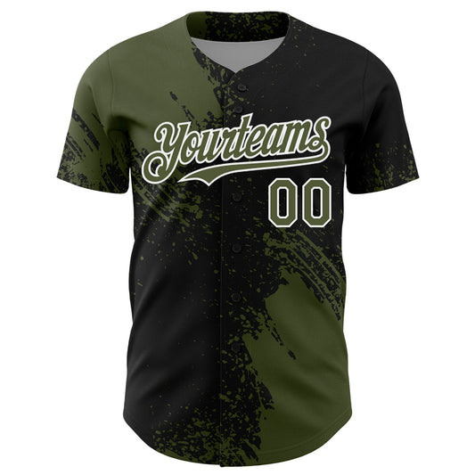 Custom Olive Black-White 3D Pattern Design Abstract Brush Stroke Authentic Baseball Jersey - Sky-Custom